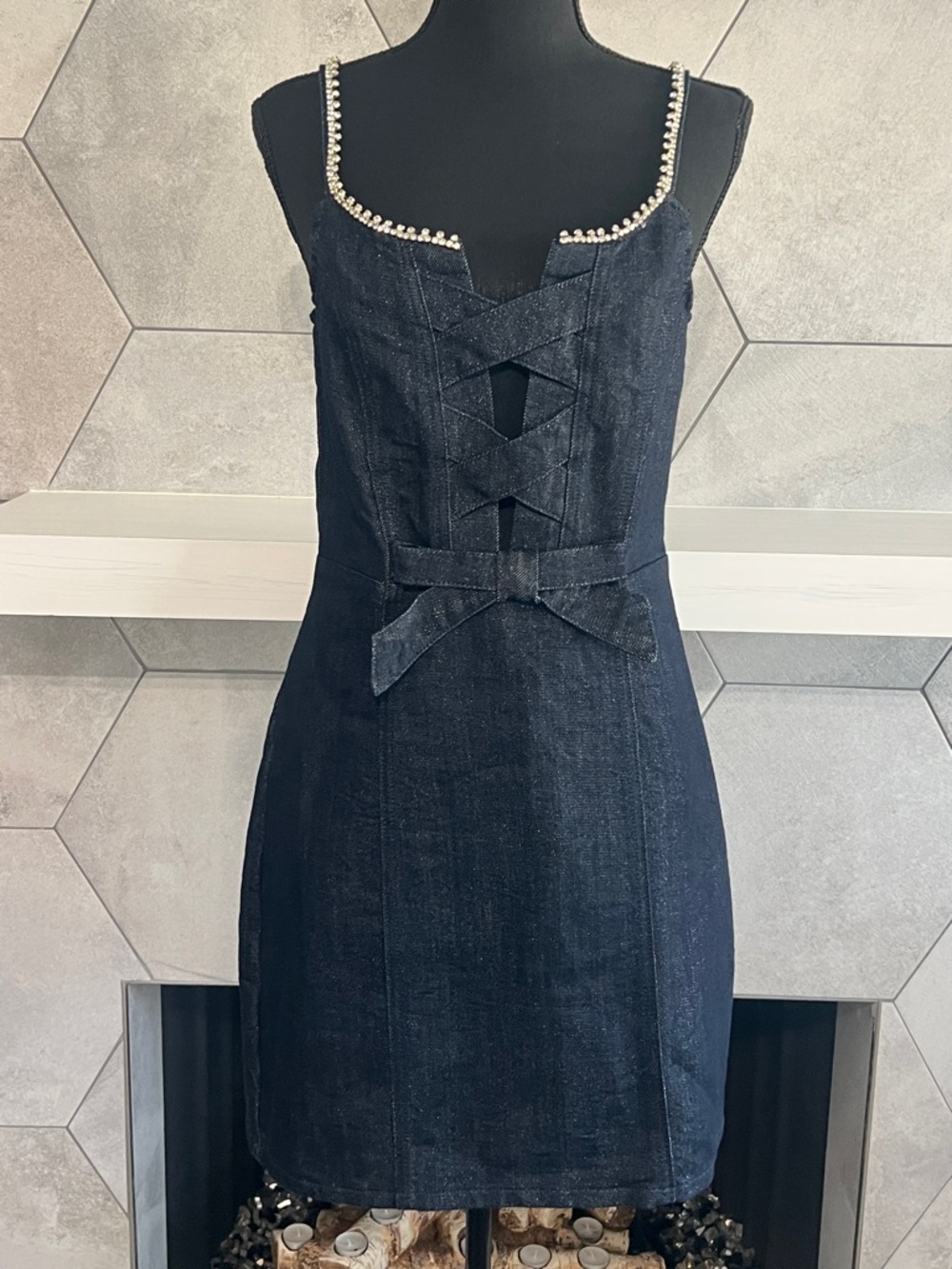 Bebe BOW DETAIL RHINESTONE STRAP GLITTER DENIM DRESS 🎀 - Picture 5 of 13